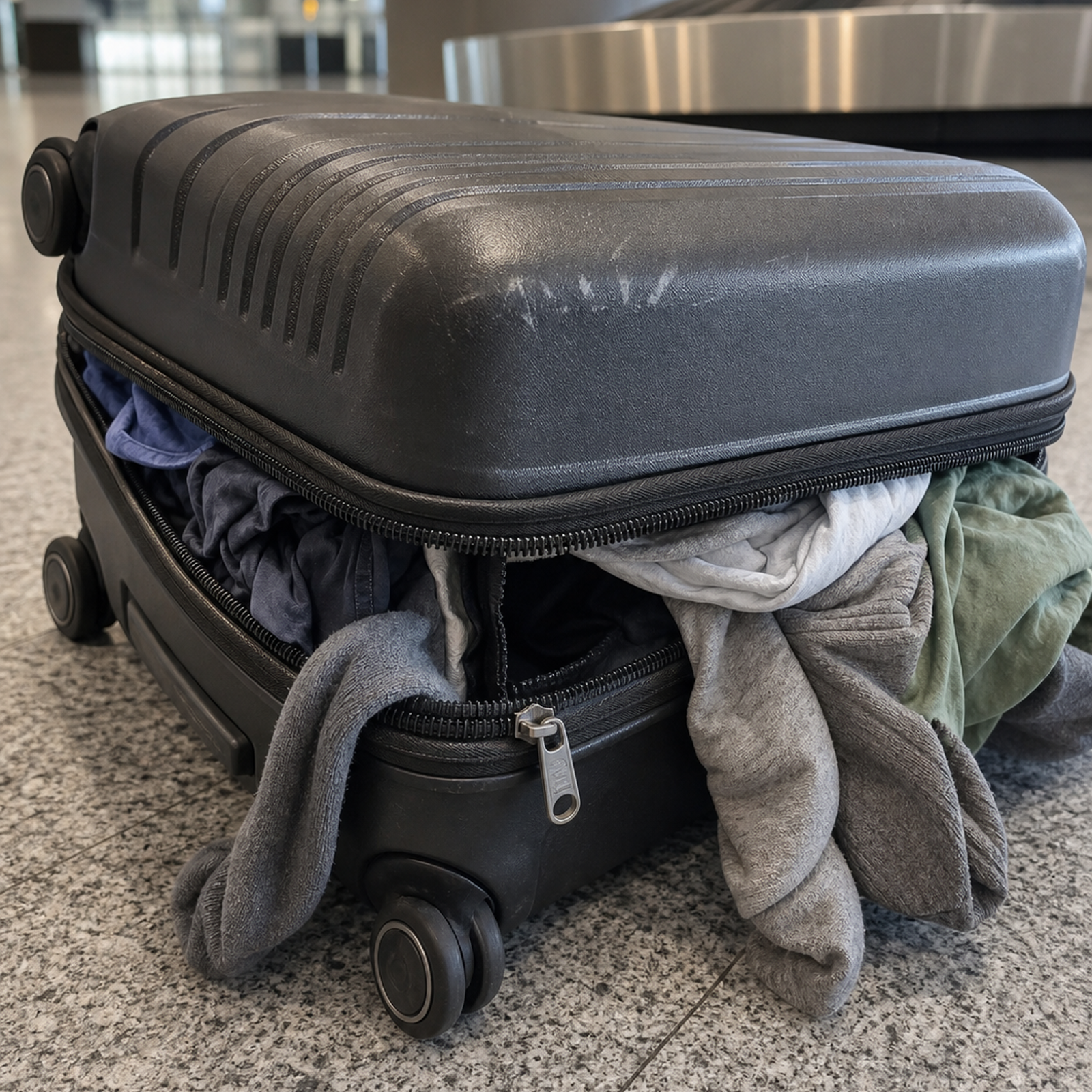 Close view of both TSA locks on a dark NOBL carry-on at the airport