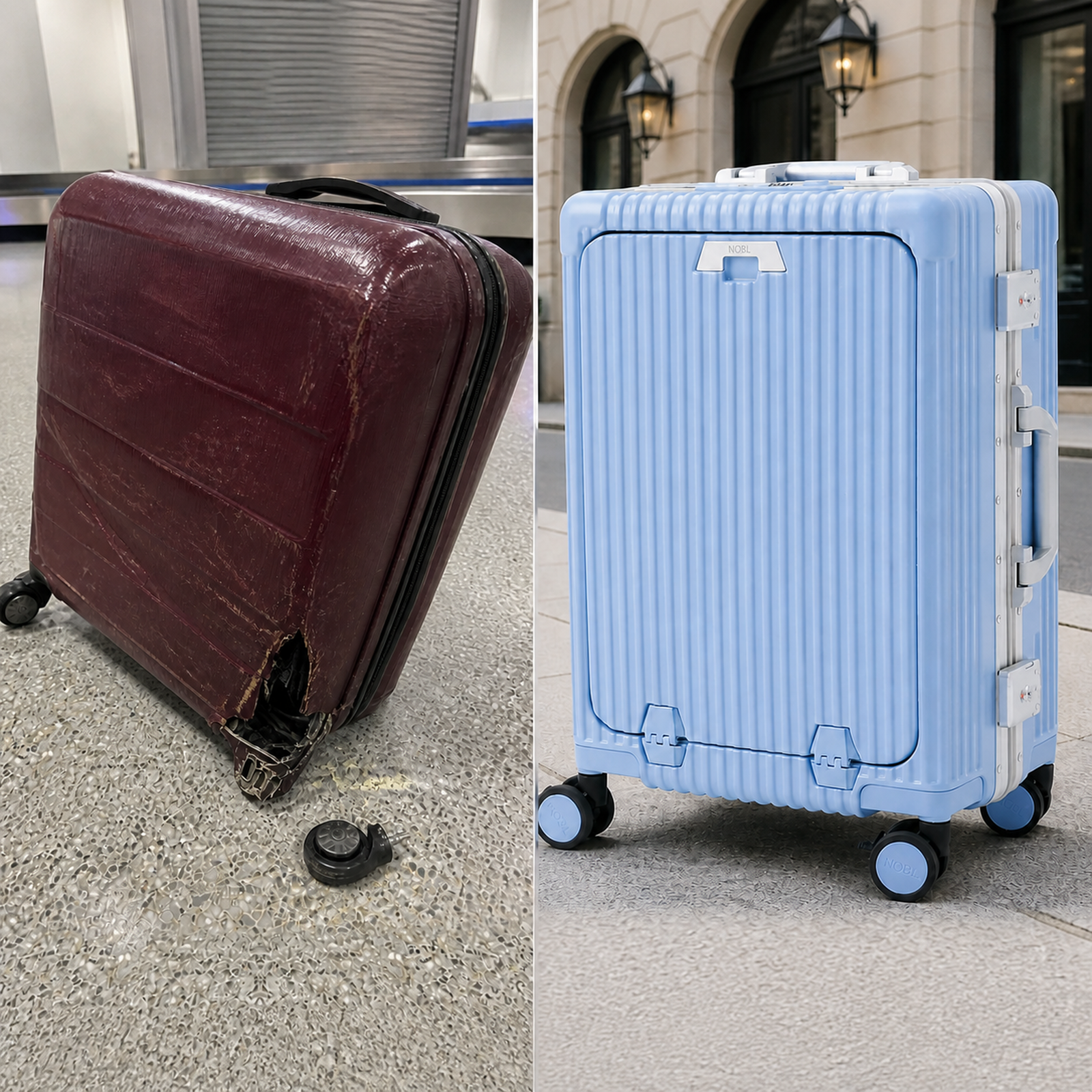 Light-blue NOBL suitcase beside a cracked and broken suitcase